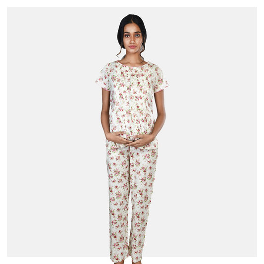 Women Off White Floral Printed Comfortable Cotton Maternity Night Suit