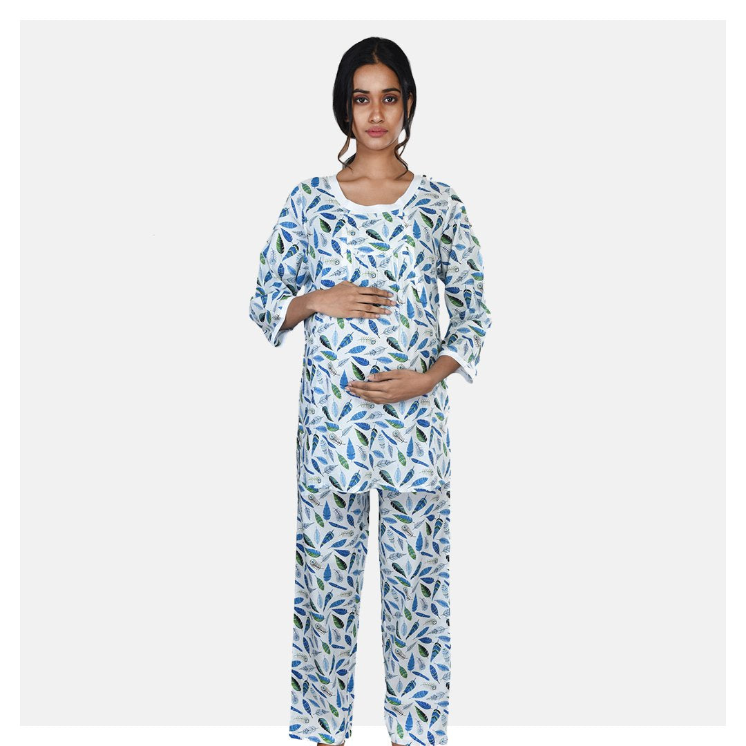 Women White and Blue Double Front Zip Cozy Cotton Maternity Night Suit