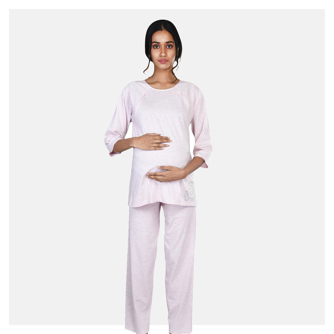 Women Pink Double Front Zip Comfortable Embroidered Cotton Maternity Night Suit