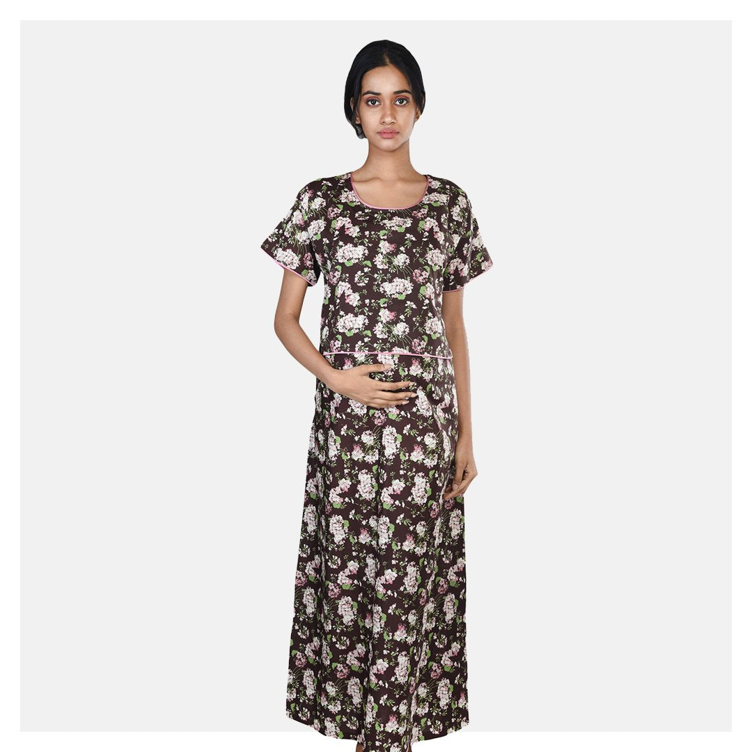 Women Brown Flap Style Floral Printed Cotton Feeding Nighty - Suman Nathwani