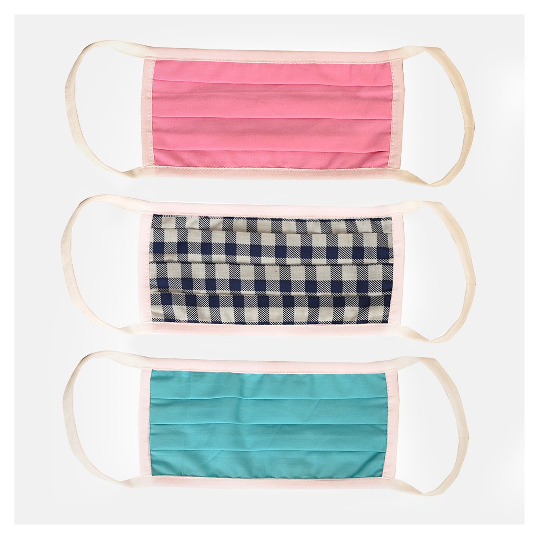 Pure Cotton Pleated 2 Ply Masks Blue, Pink & Check Print (Pack of 3) - Suman Nathwani