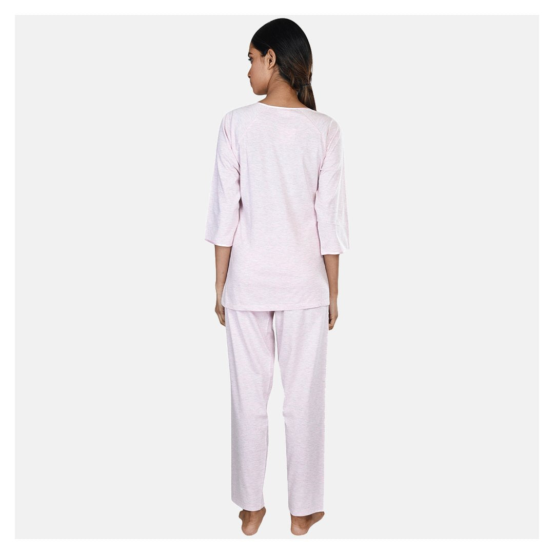 Women Pink Double Front Zip Comfortable Embroidered Cotton Maternity Night Suit