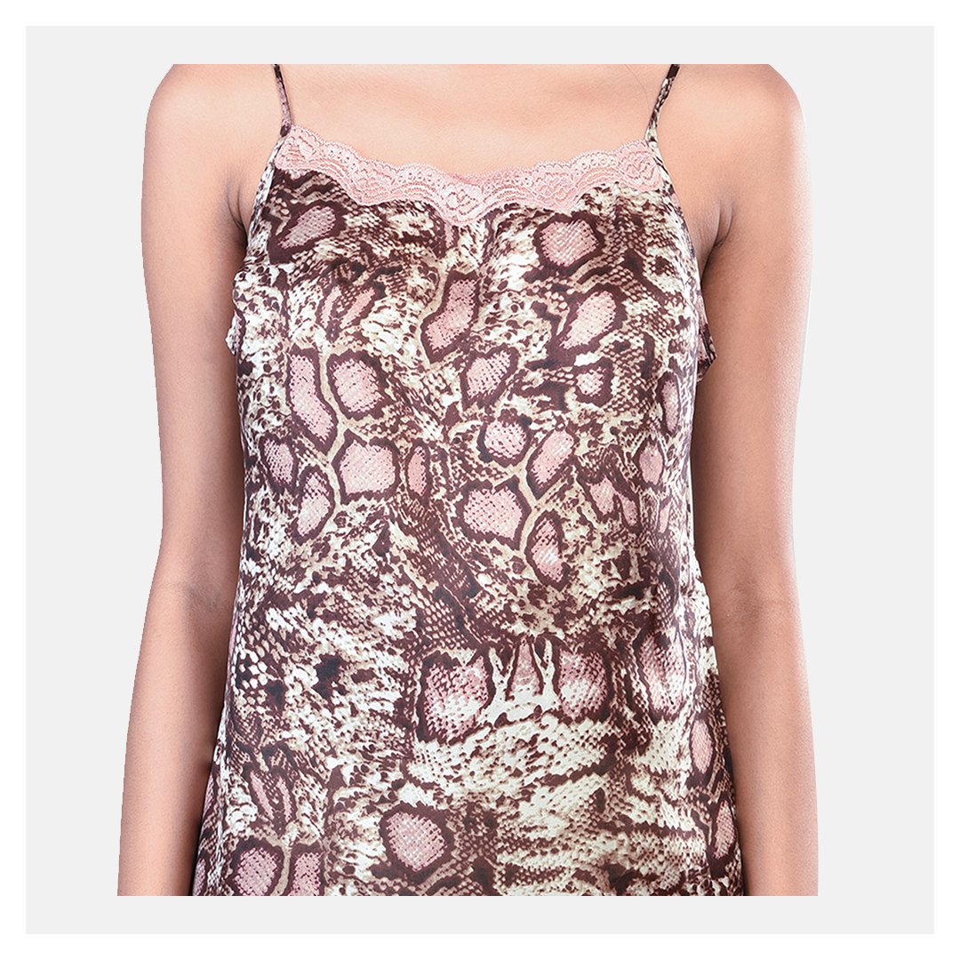 Women Brown Leopard Printed Spaghetti Slip Bridal Nightwear - Suman Nathwani