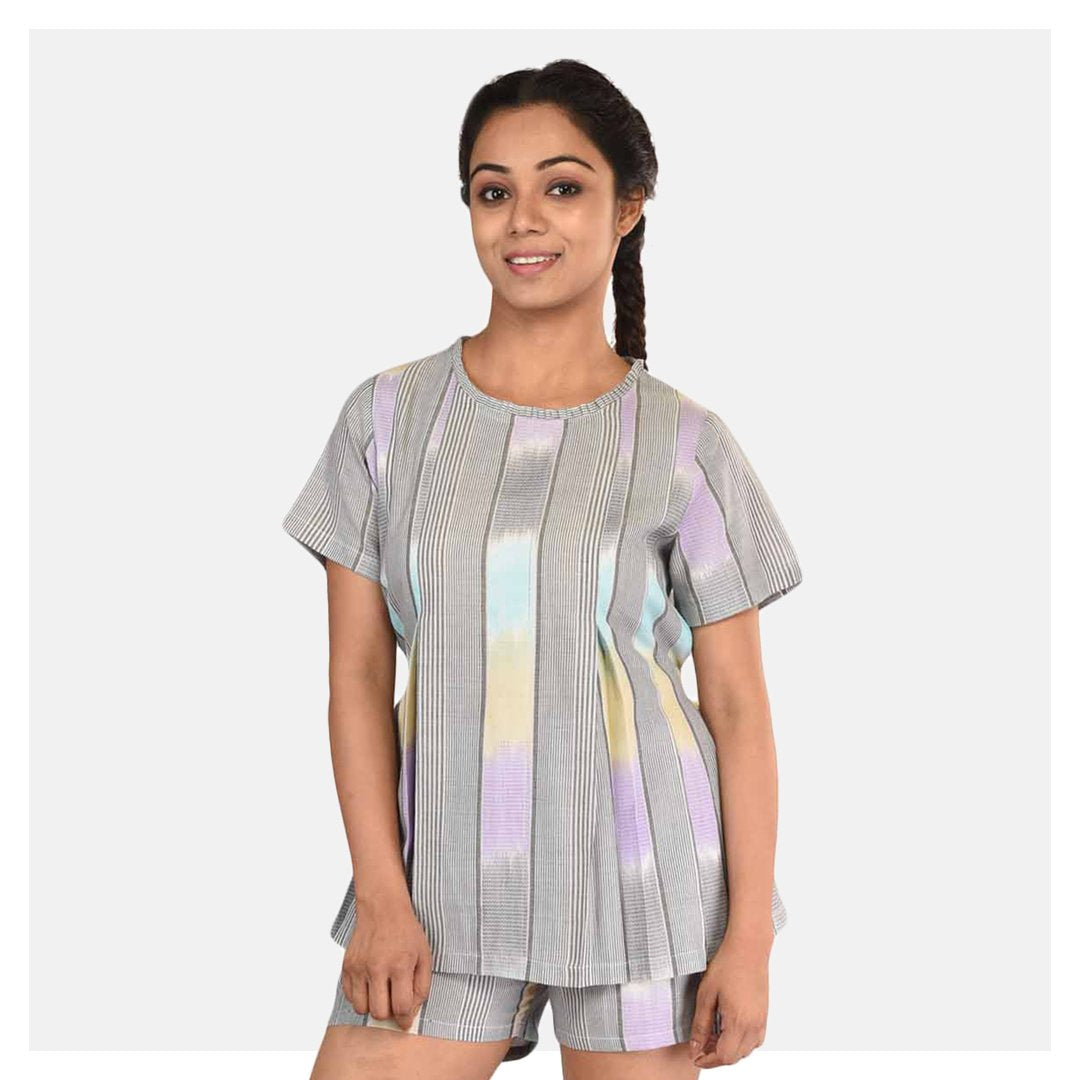 Women Grey Top and Short Handloom Cotton Nightwear Set