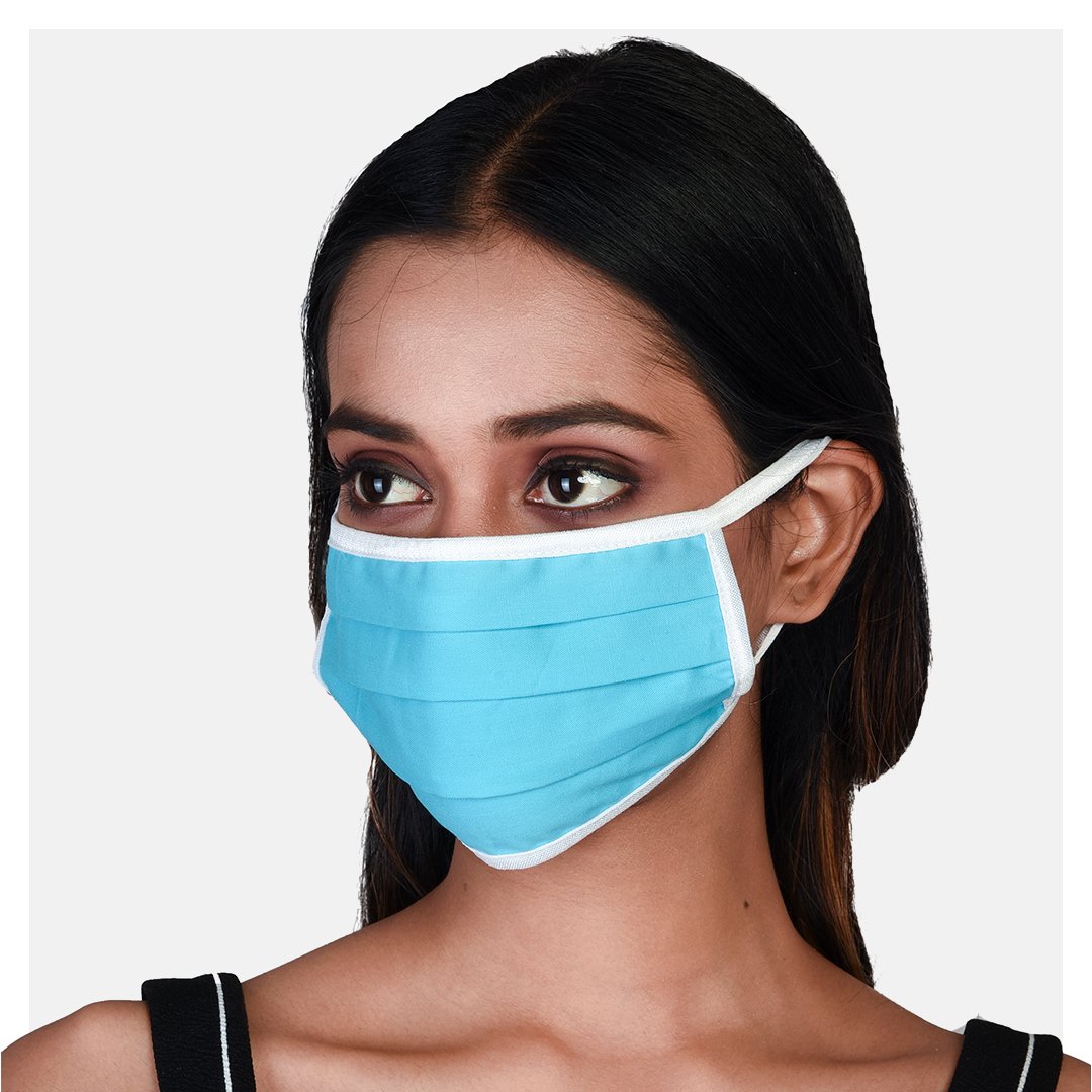 Pure Cotton Pleated 2 Ply Blue, Grey & Checked Masks (Pack of 3) - Suman Nathwani
