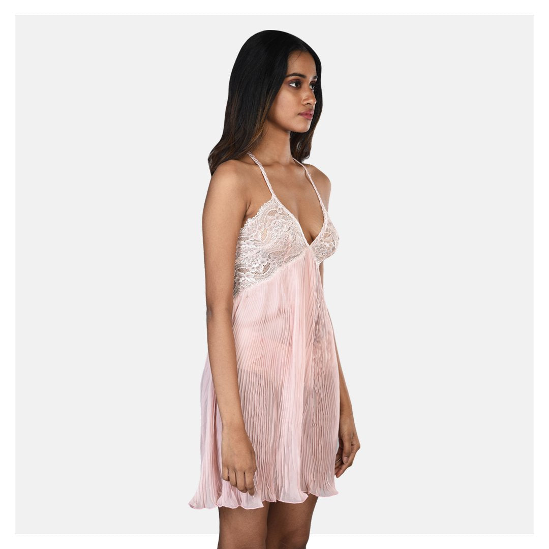 Women Peach Pleated Georgette Babydoll