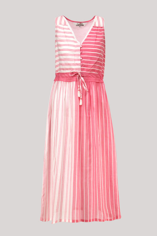 Women Short Length V-Neck Pure Cotton Pink and White Stripe Nighty