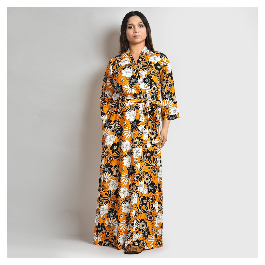 Woman Mustard Floral Print Cotton Rayon Robe