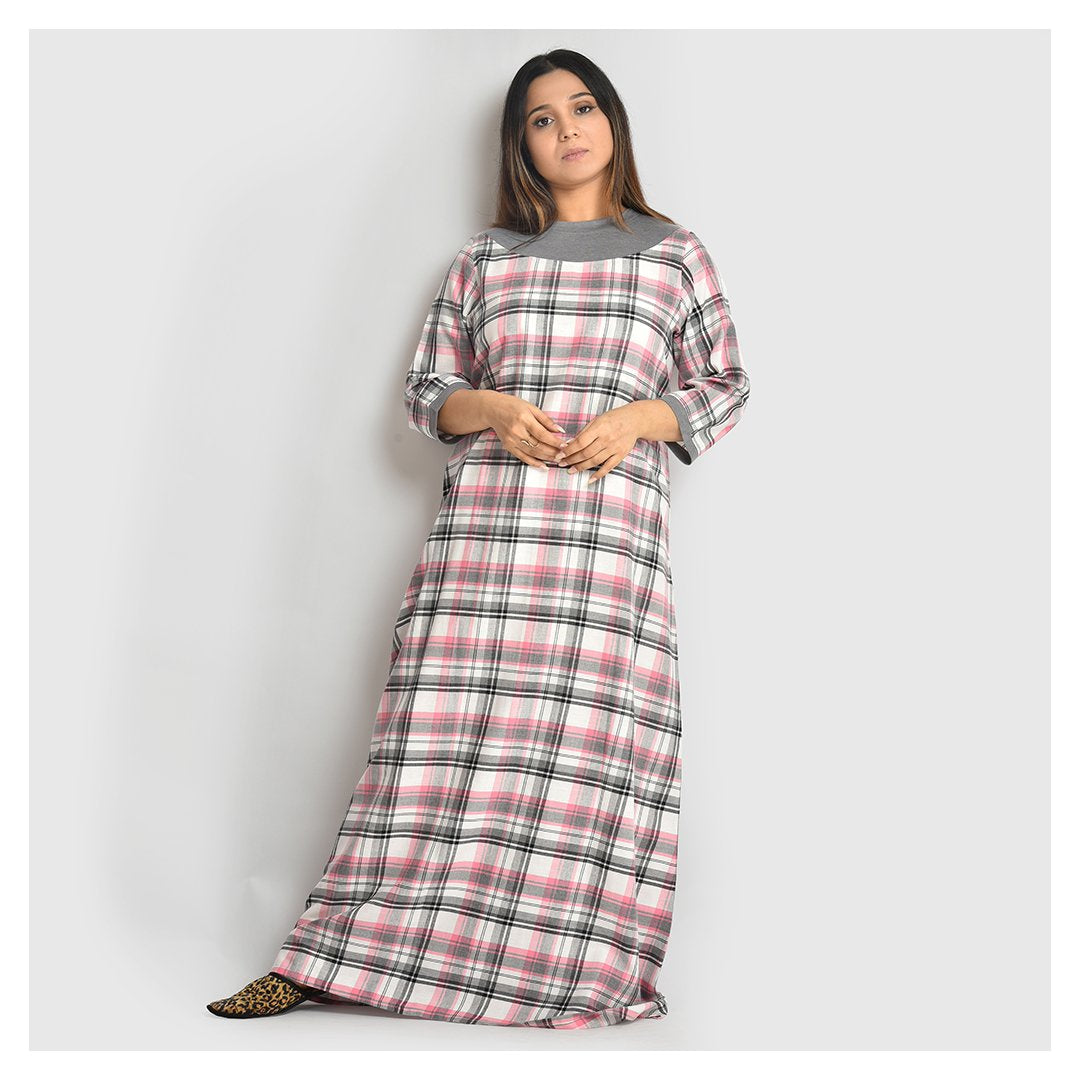Woman Pink And Grey Checks Brushed Cotton Nighty - For Mild Winters