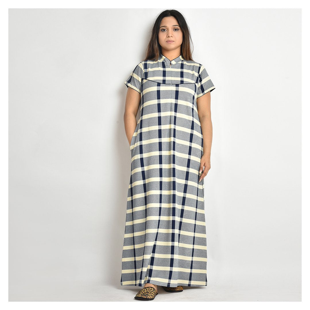 Women Off White And Navy Blue Check Style Jersey Nighty