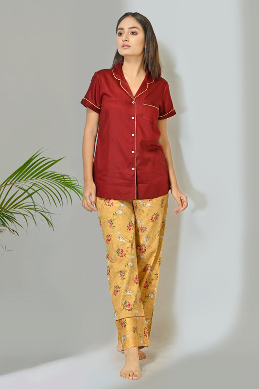 Woman Maroon Rayon Shirt And Mustard Printed Cotton Pajama Night Suit