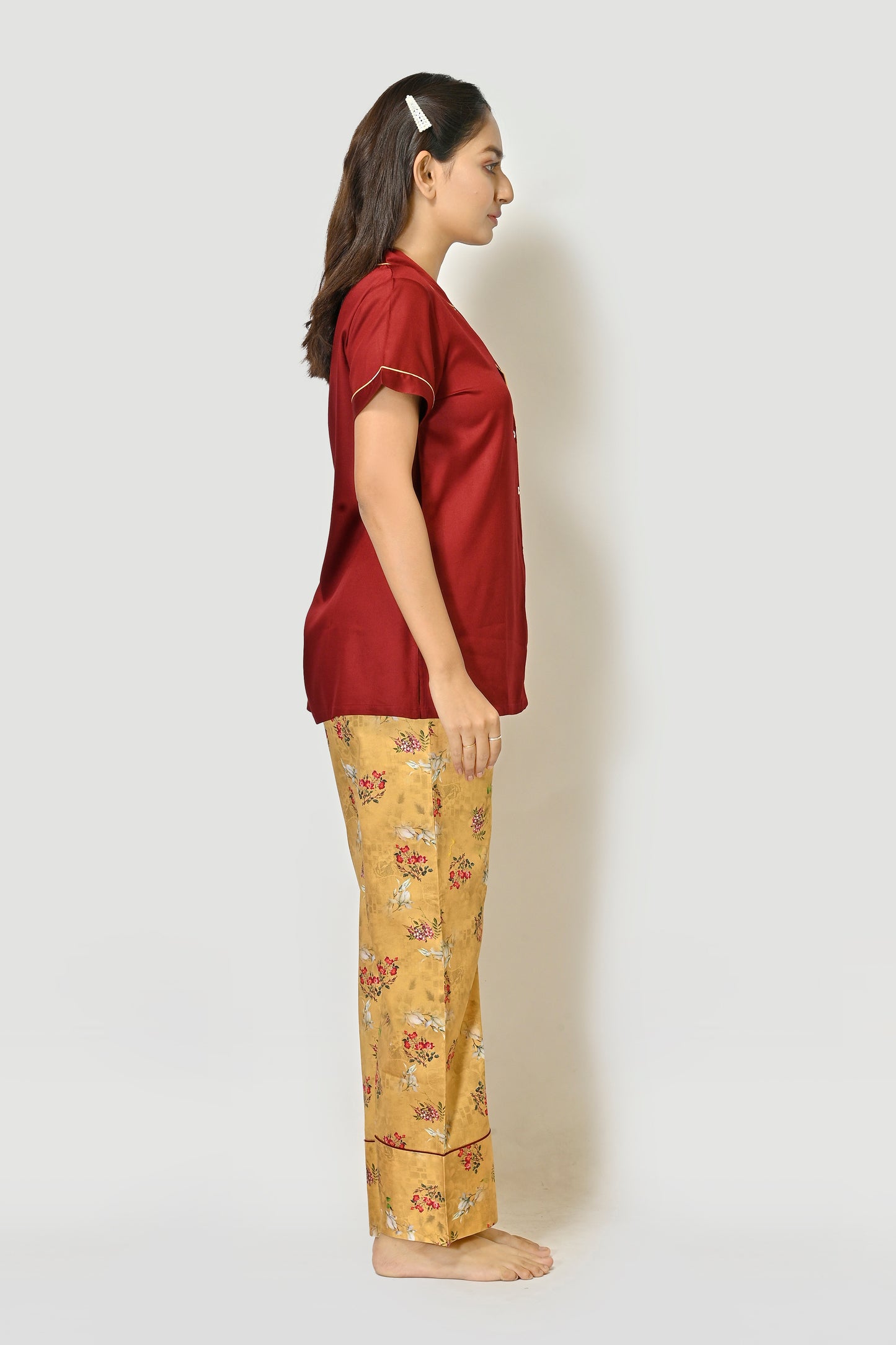 Woman Maroon Rayon Shirt And Mustard Printed Cotton Pajama Night Suit