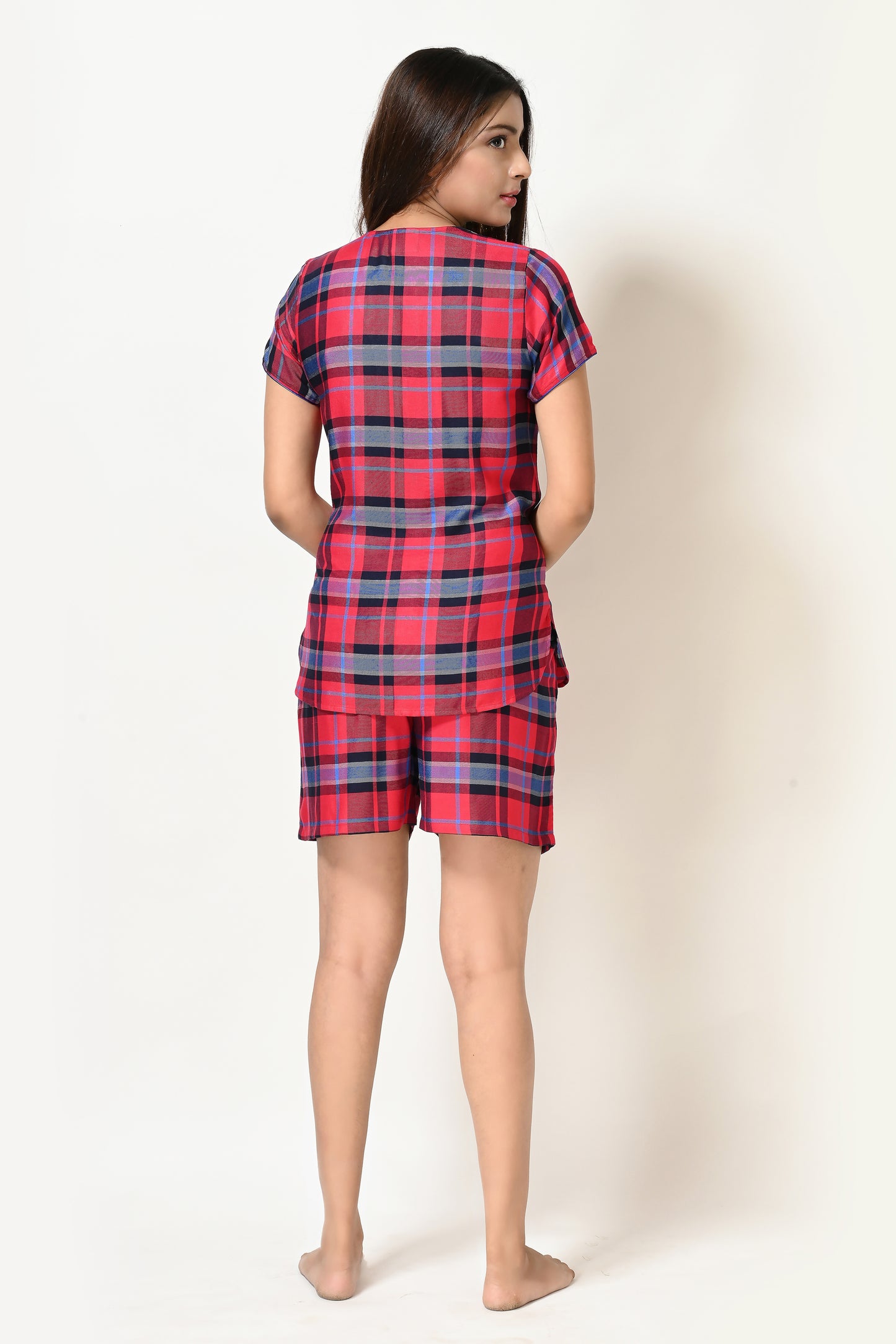 Women Red And Blue Checks Top and Short Cotton Rayon Nightwear Set