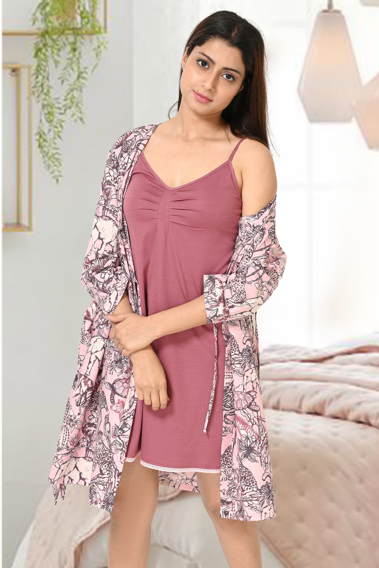 Women Old Rose Pink Jungle Printed Cotton Short Gown and Jersey Spaghetti  Nightwear Set