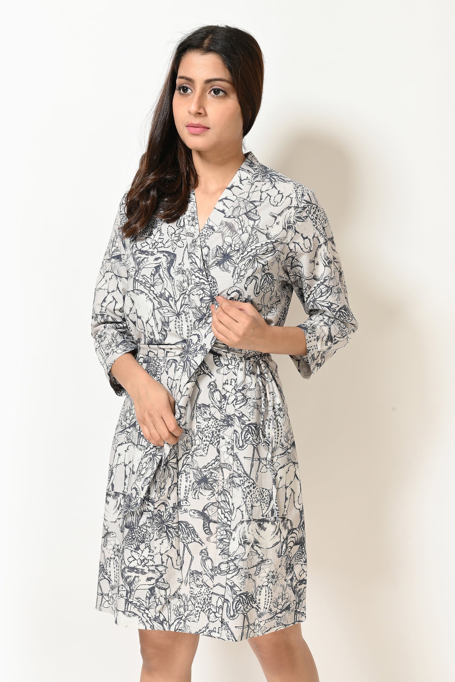 Women Steel Grey Jungle Printed Short Gown and Cotton Rayon Sphagetti  Nightwear Set