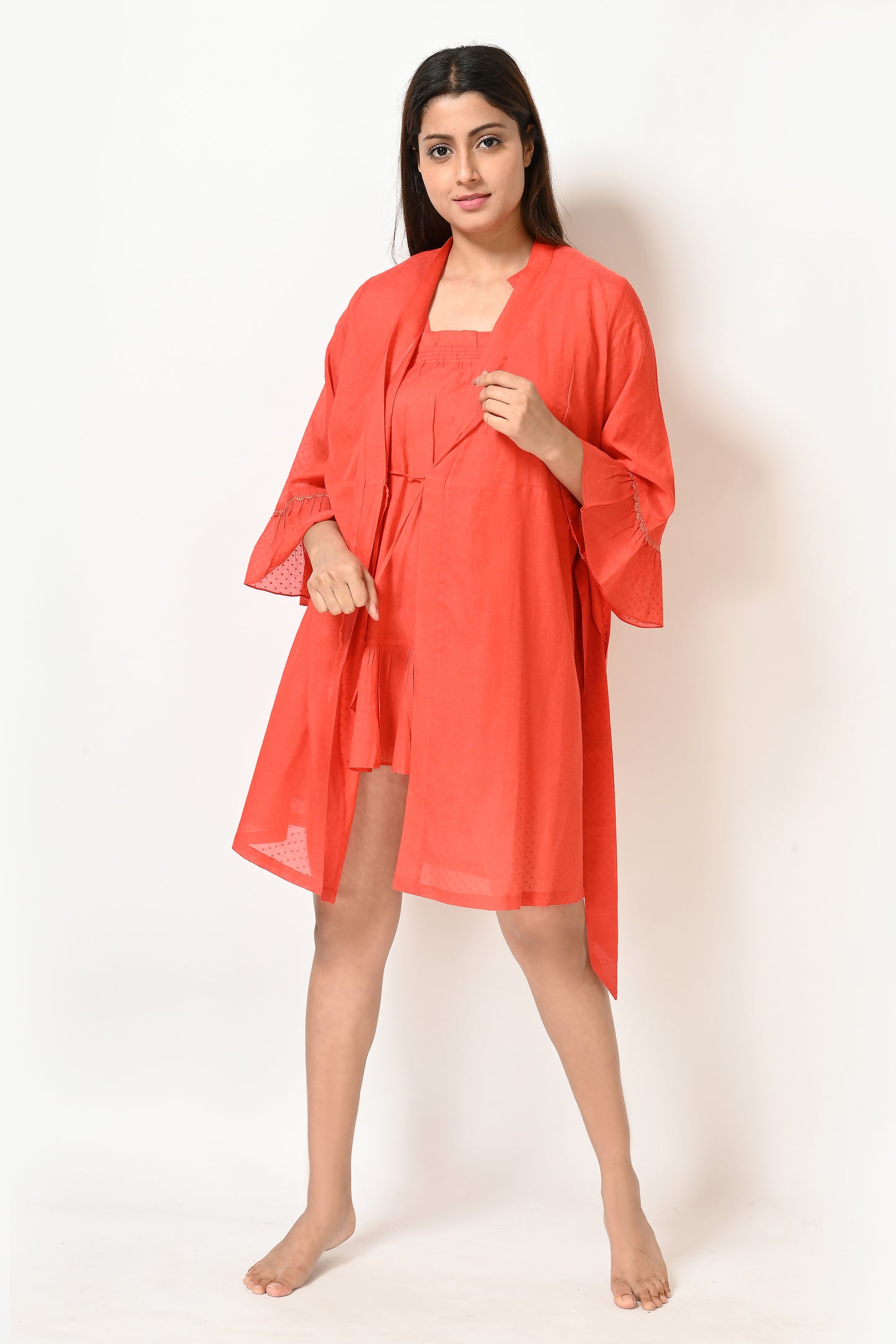 Women Orange Polka Short Gown and Sphagetti  Nightwear Set