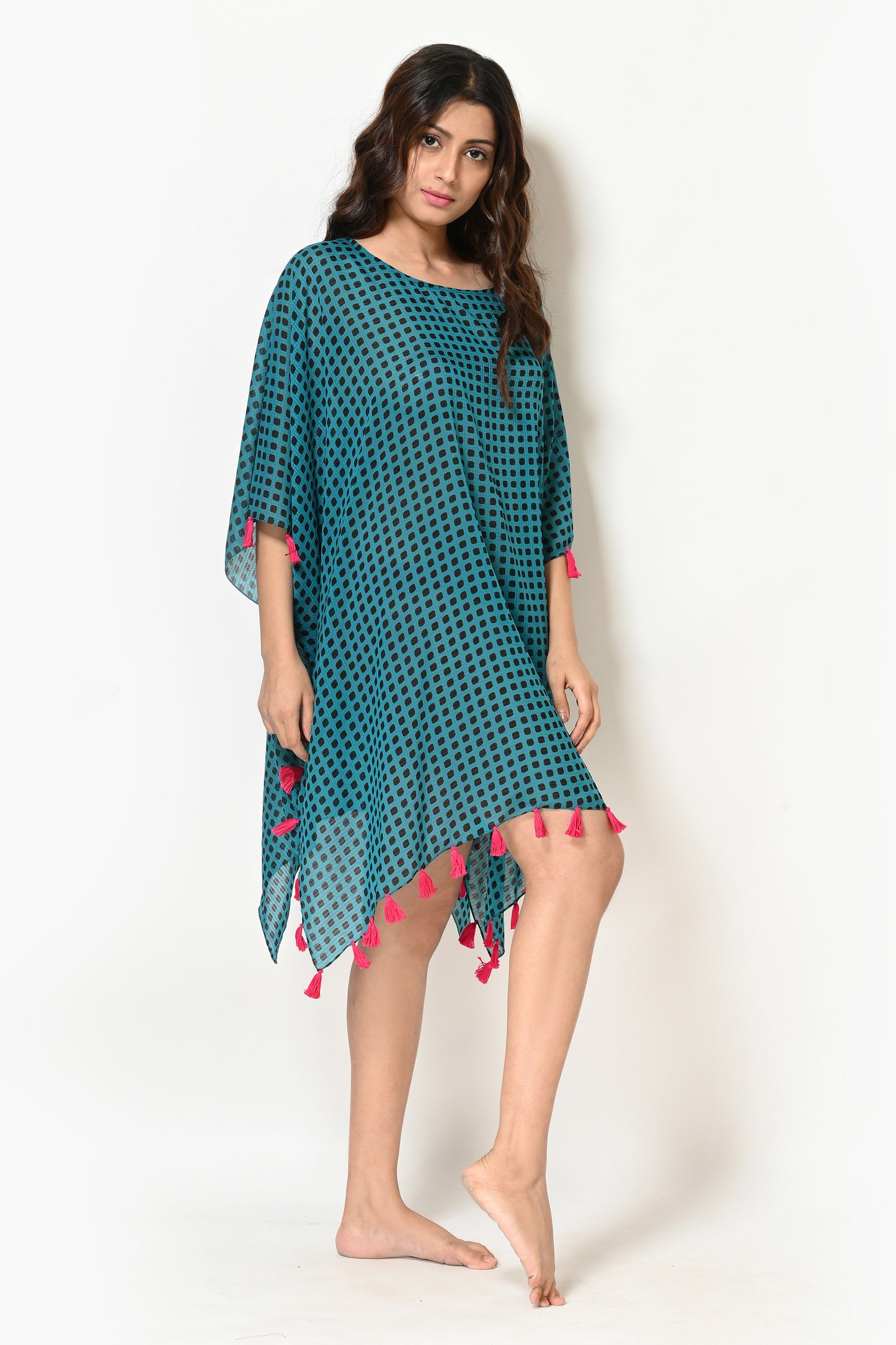 Women Teal Green And Black Abstract Print Georgette Beach Wear