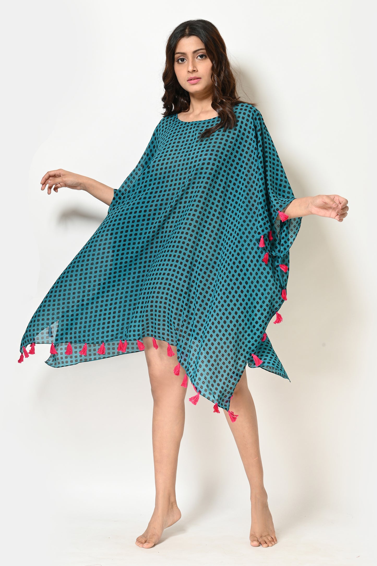 Women Teal Green And Black Abstract Print Georgette Beach Wear