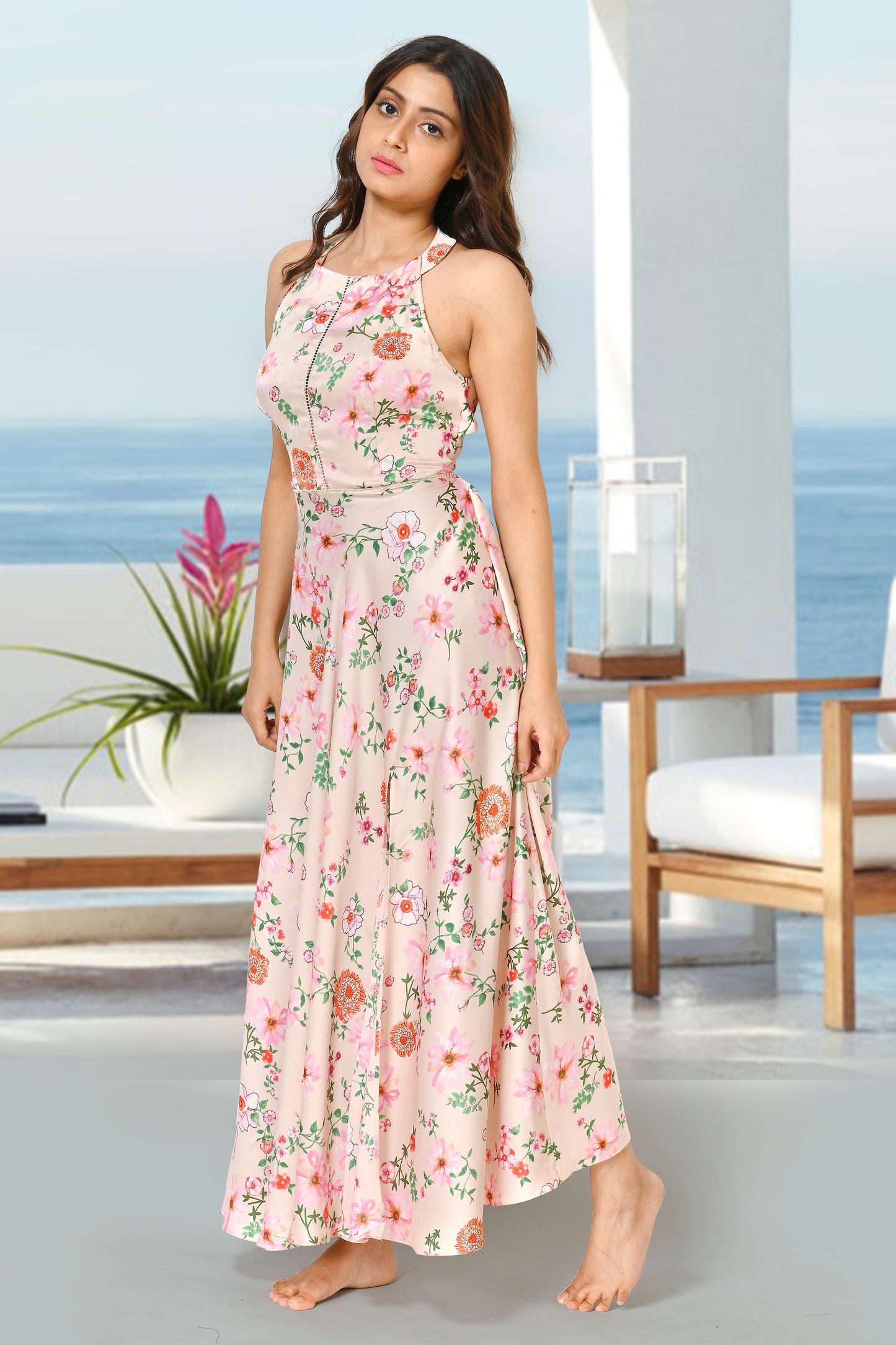 Women Peach Floral Print Satin Beach Wear