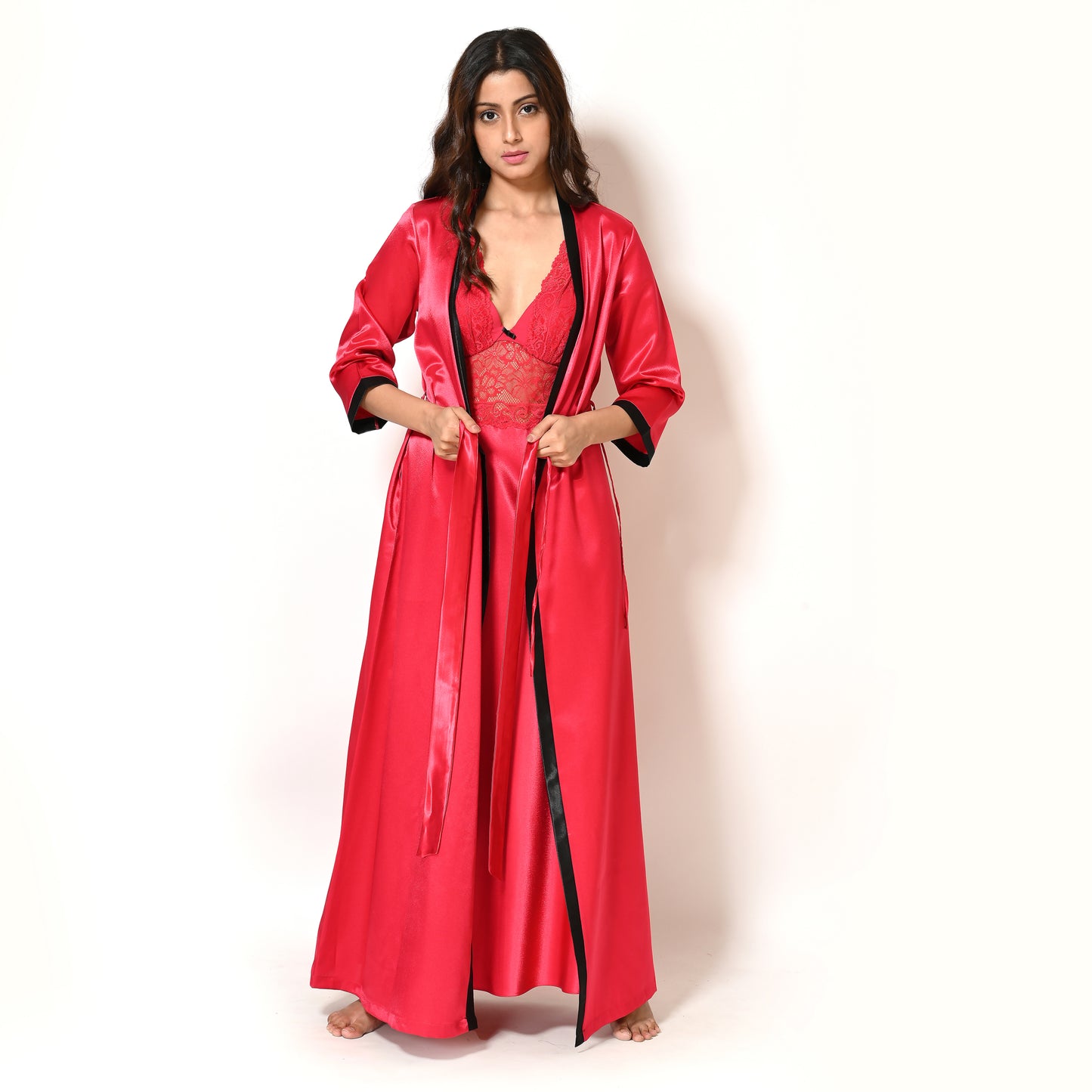 Women Red Satin V Neck Lacy Bridal Nighty Gown Set