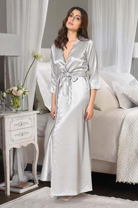 Women Steel Grey Satin V Neck Lacy Bridal Nighty Gown Set