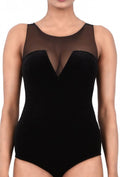 Midnight Veil Velvet Plunge Bodysuit with Sheer Net Yoke