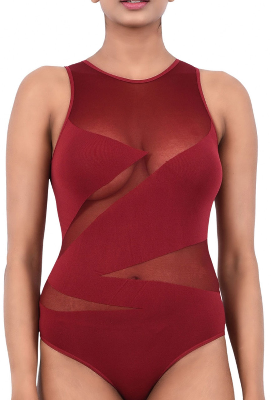 Women Exotic Mesh / Net  Bodysuit Maroon