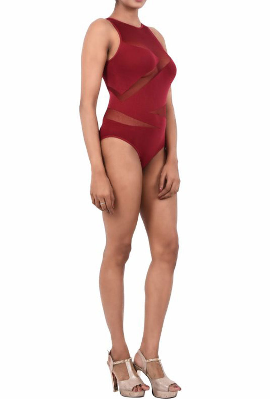 Women Exotic Mesh / Net  Bodysuit Maroon