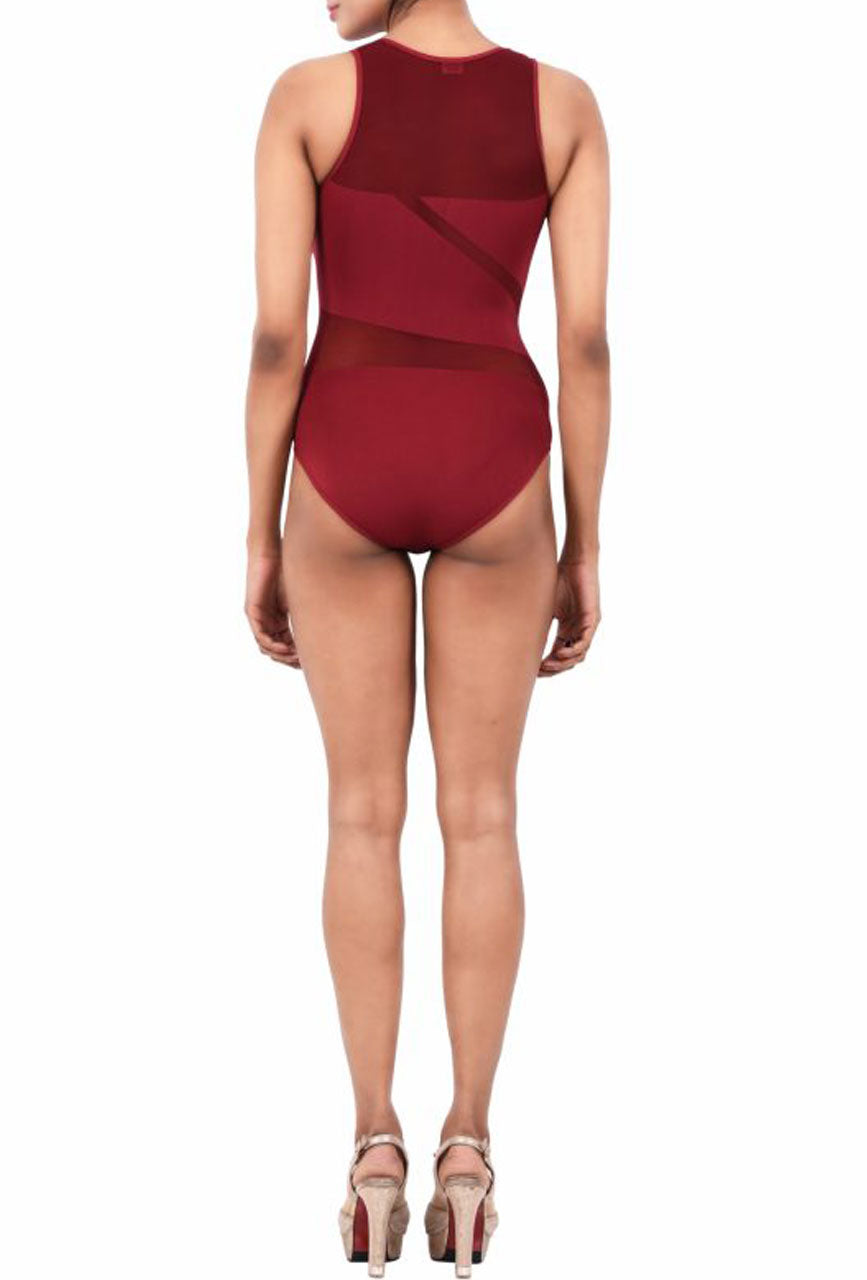Women Exotic Mesh / Net  Bodysuit Maroon
