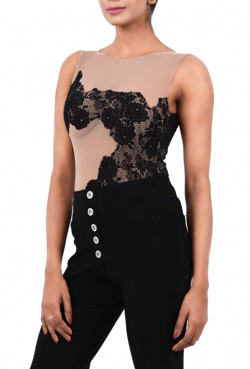 Women Premium Lingerie Lace and Mesh / Net Bodysuit Black