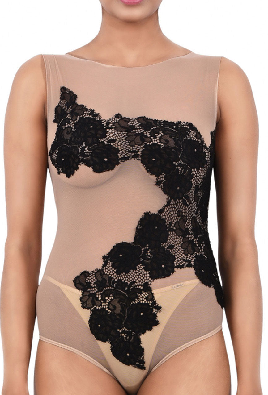 Women Premium Lingerie Lace and Mesh / Net Bodysuit Black