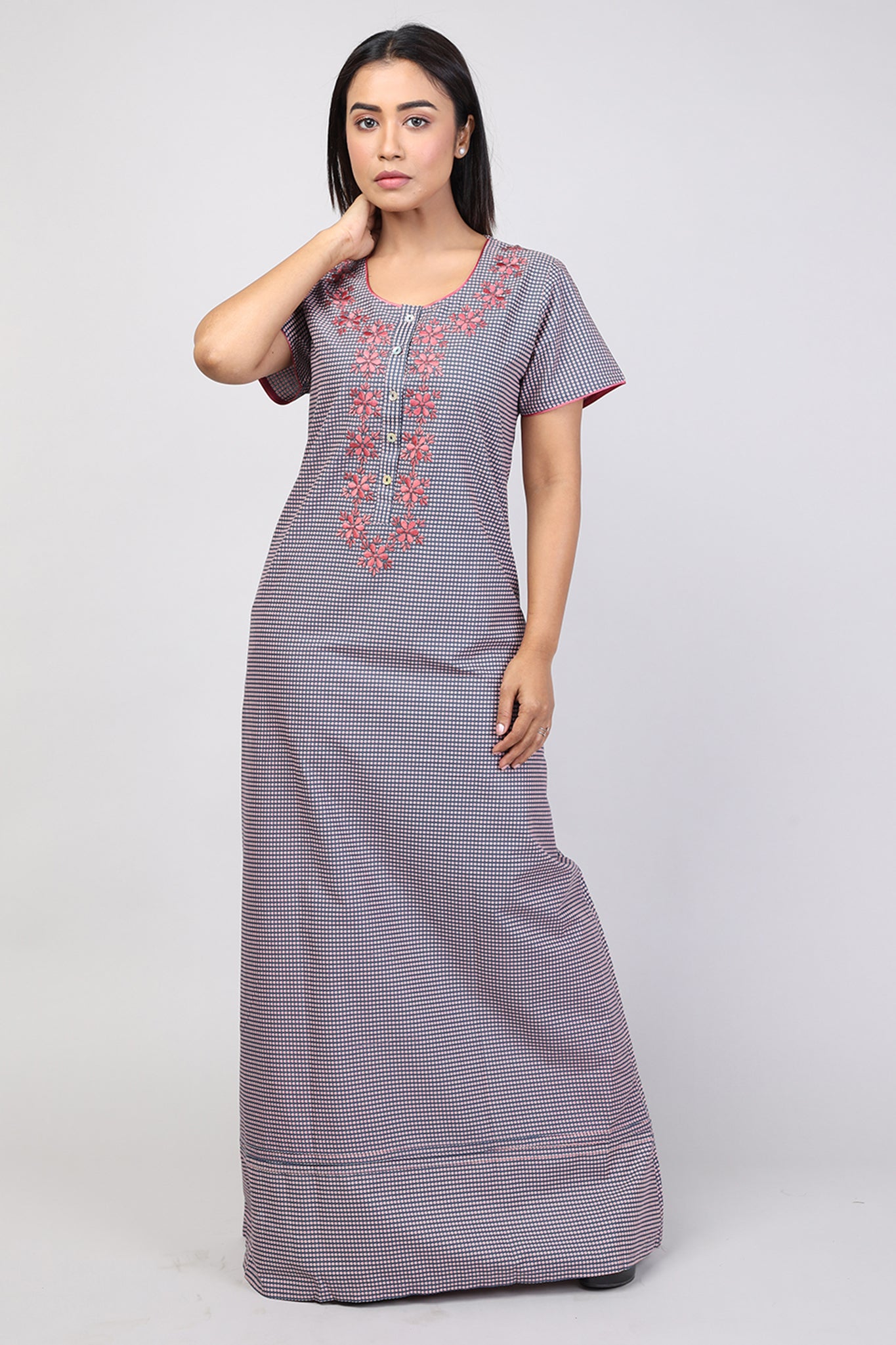 Women Navy Blue Dotted Machine Embroidery Cotton Cambric Nighty