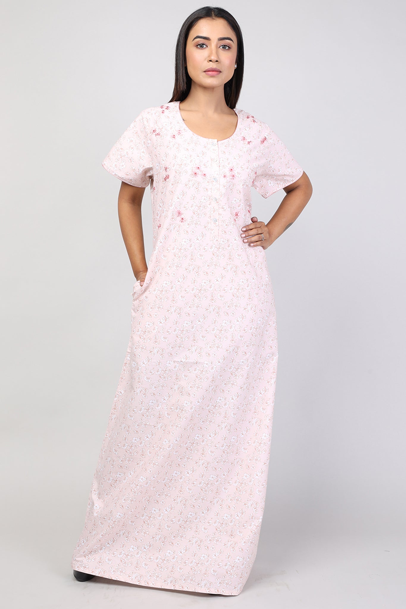 Women Peach Hand Embroidery Floral Cotton Nighty
