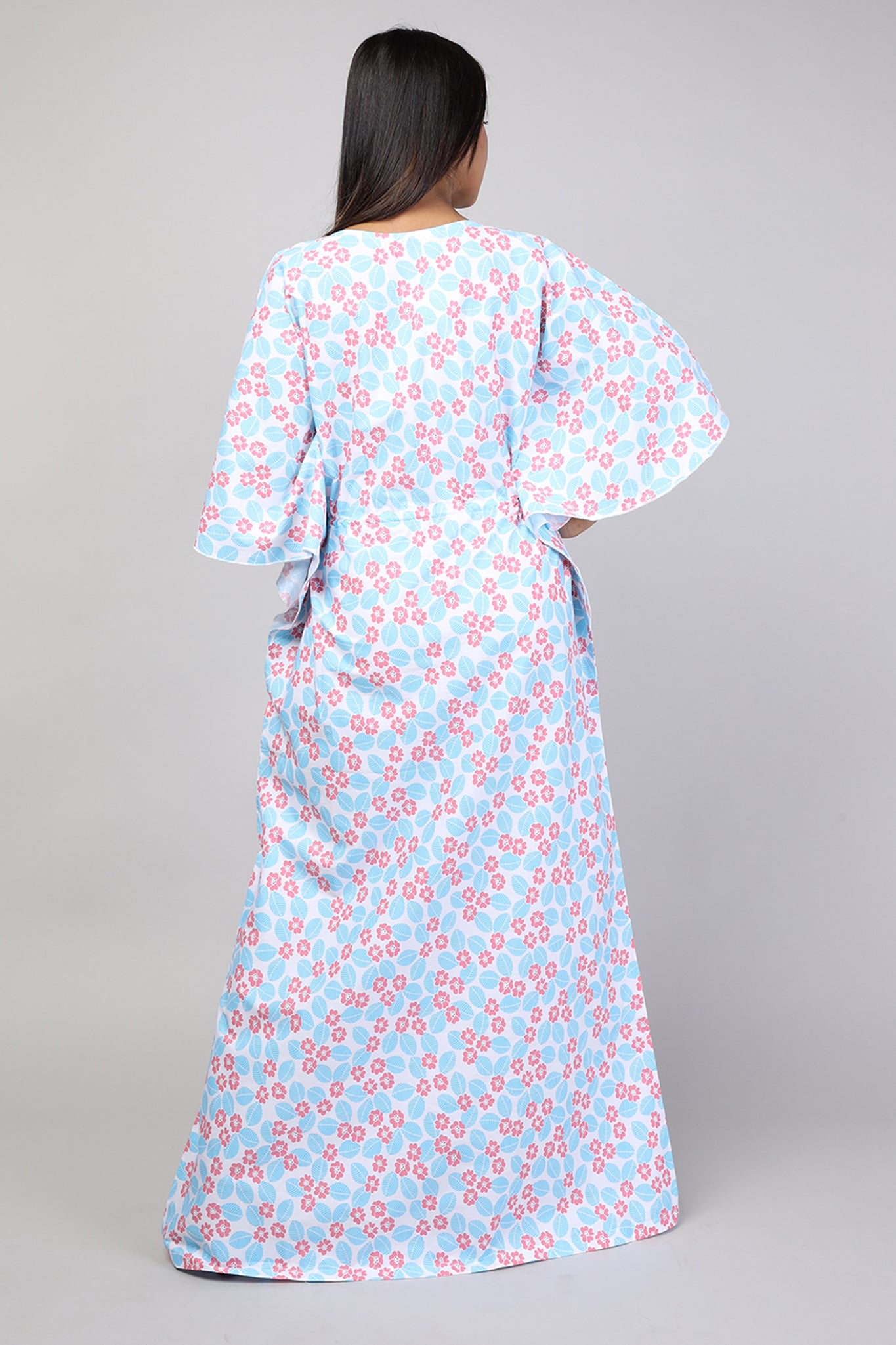 Women Blue Floral Print Cotton Kaftan