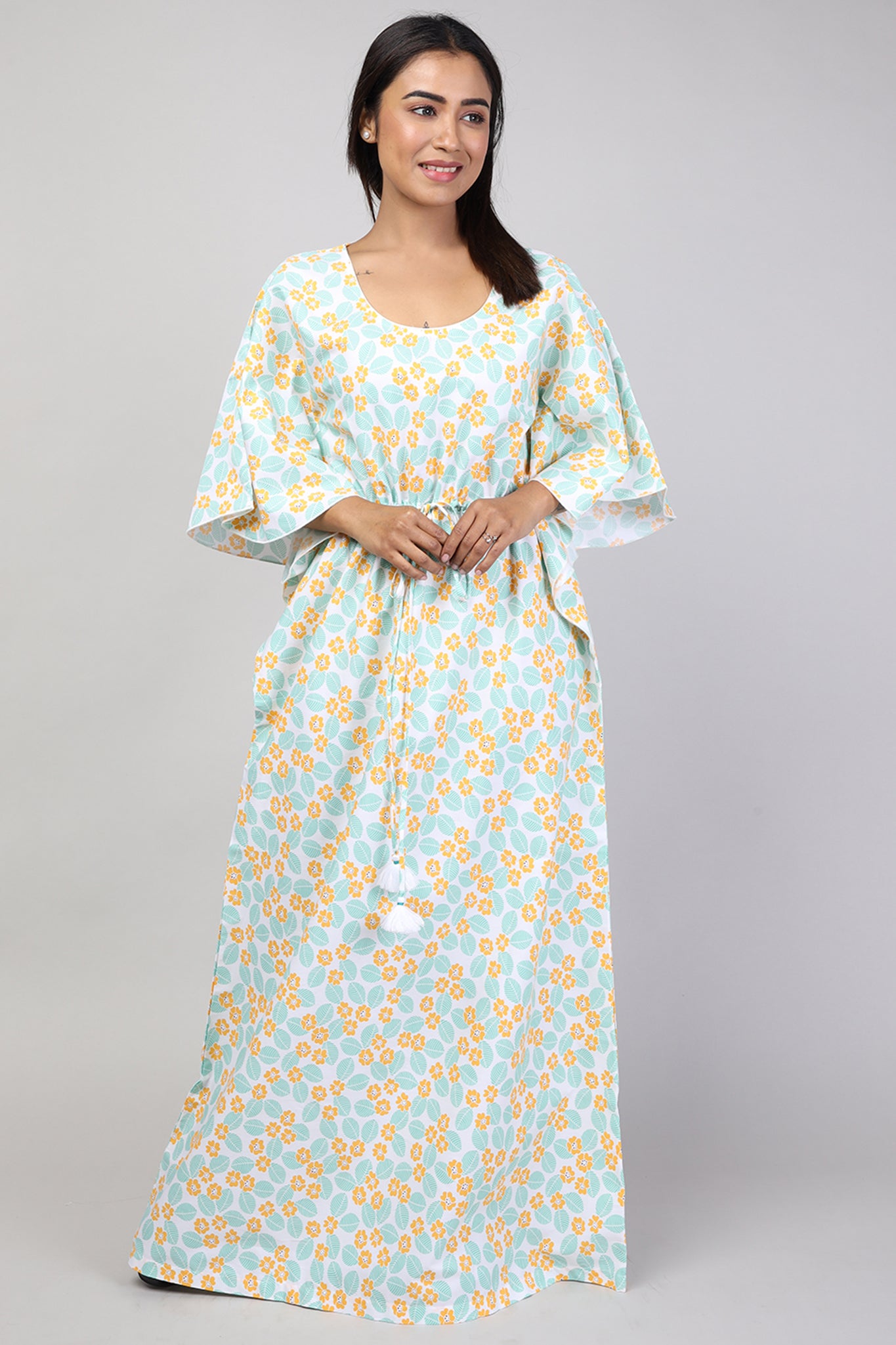 Women Green Floral Print Cotton Kaftan