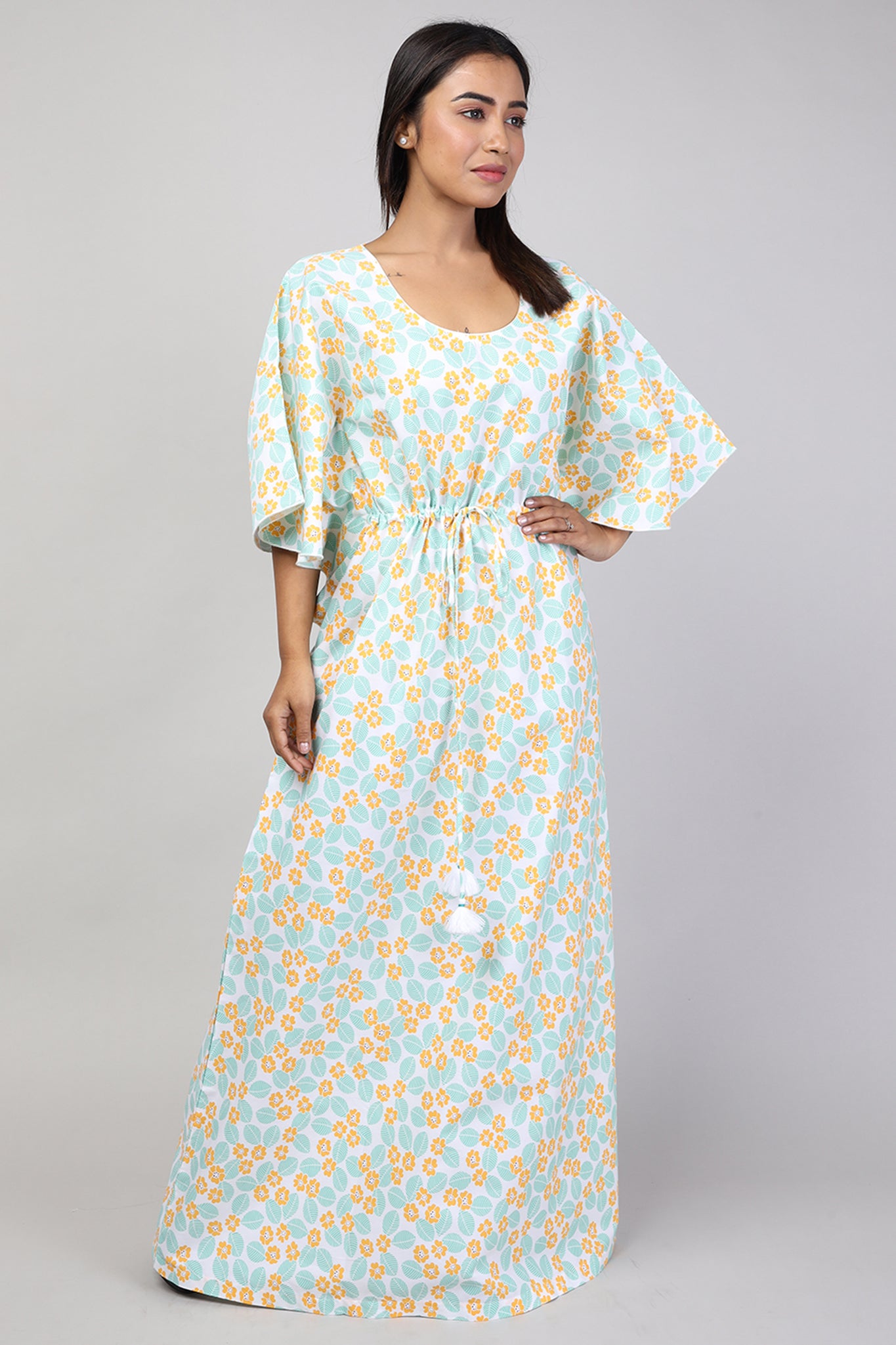 Women Green Floral Print Cotton Kaftan