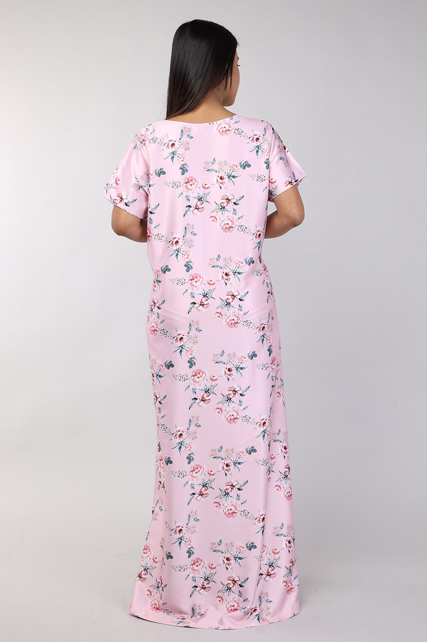 Women Peach Floral Print Satin Nighty