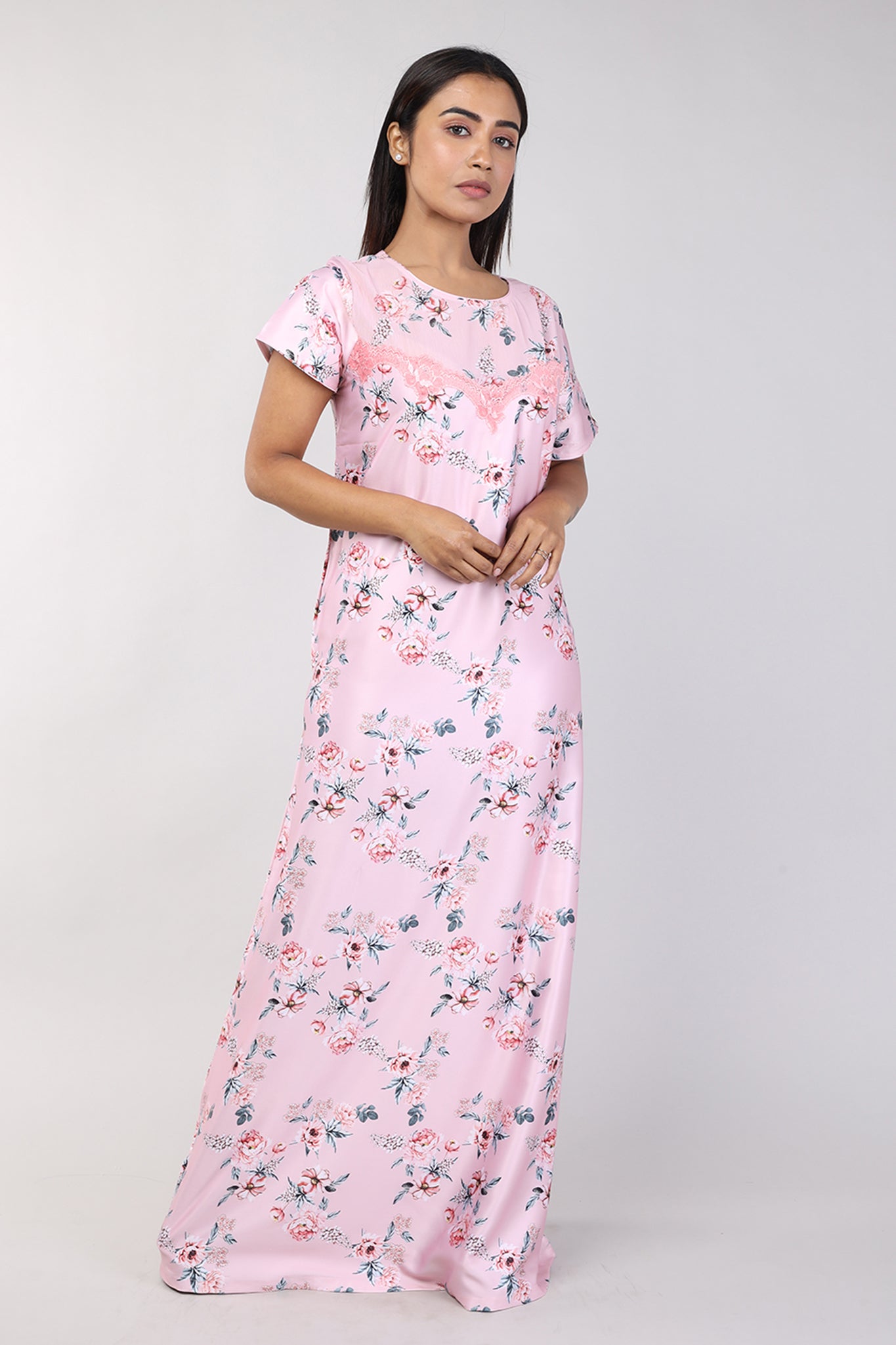 Women Peach Floral Print Satin Nighty