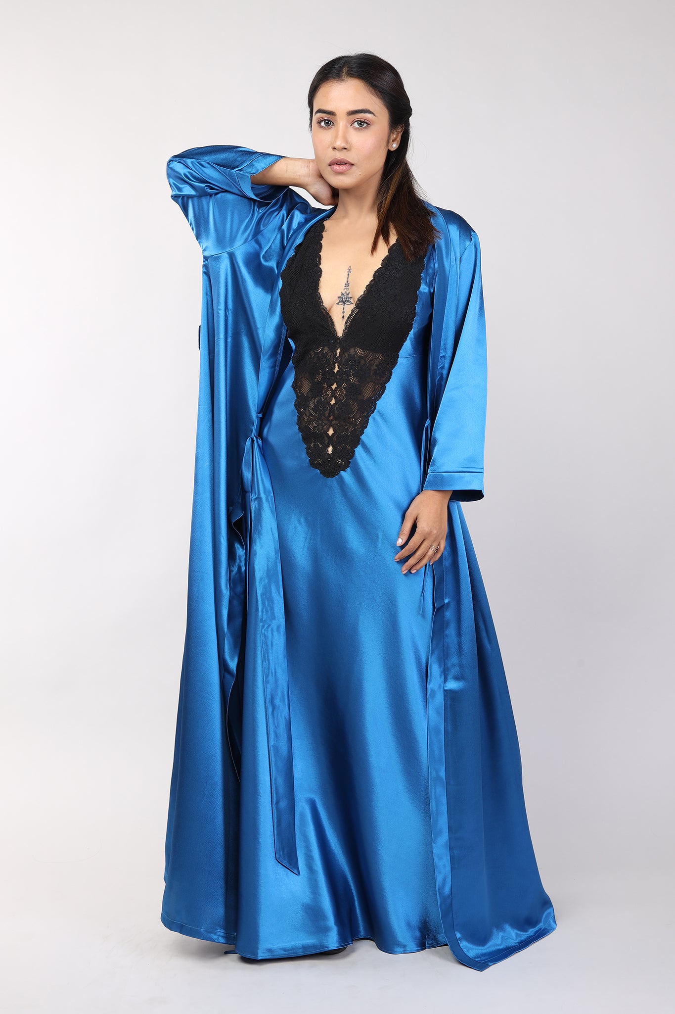 Women Teal Blue Satin Bridal Nighty Gown Set