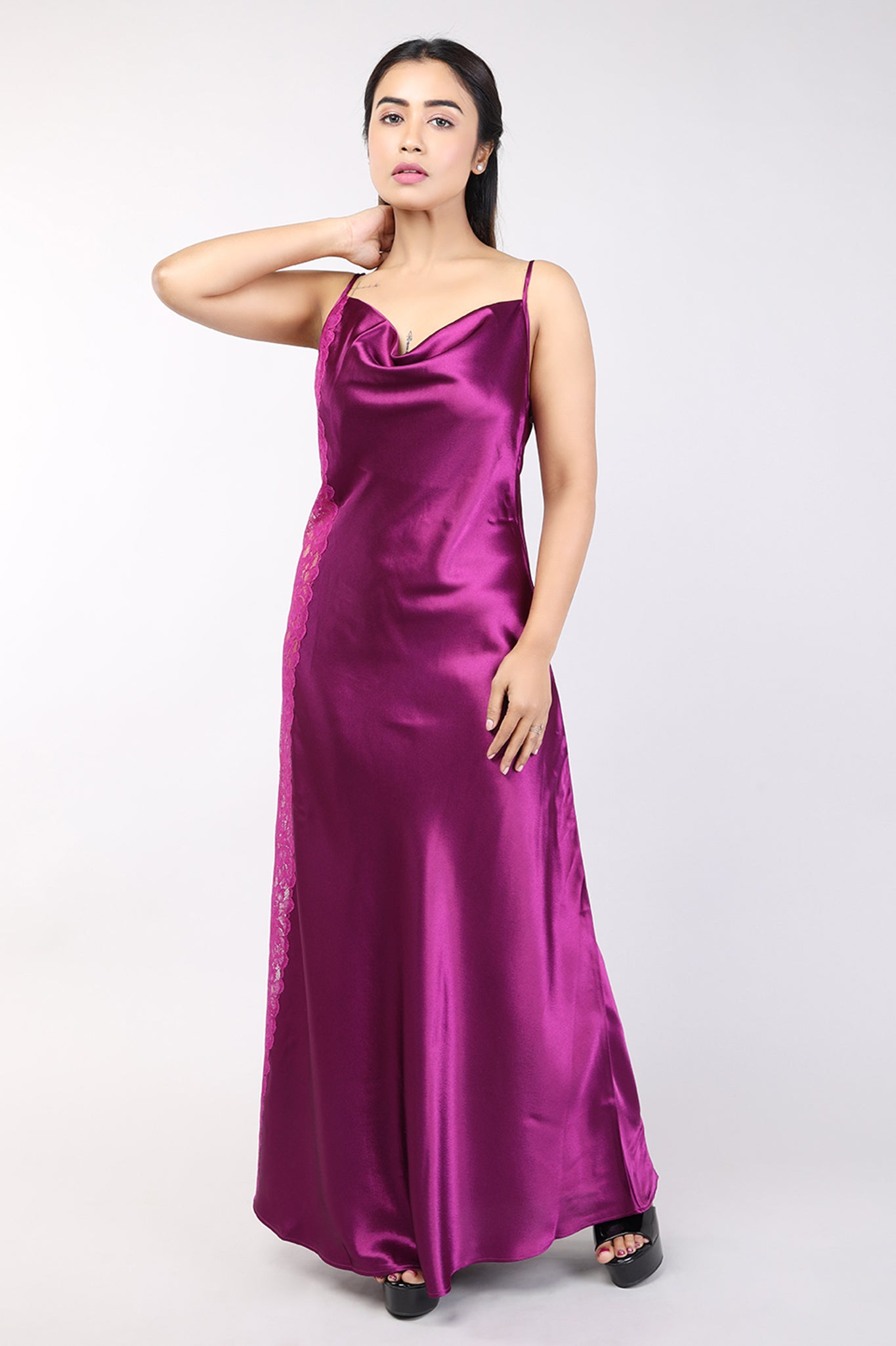 Women Purple Satin Bridal Nighty Gown Set