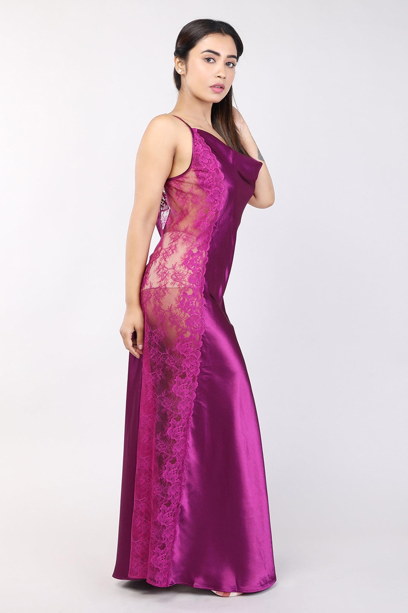 Women Purple Satin Bridal Nighty Gown Set