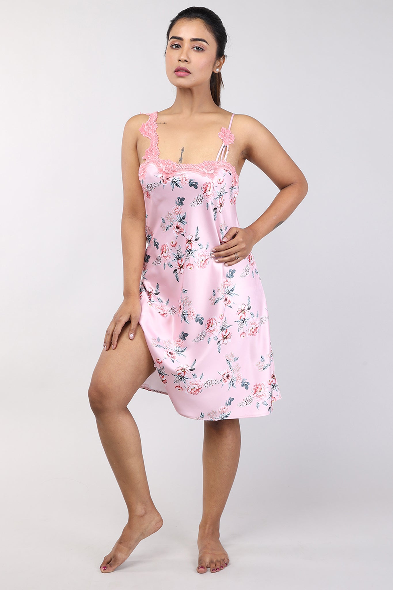 Women Floral Peach Short Nighty Gown Set – La Lingerie