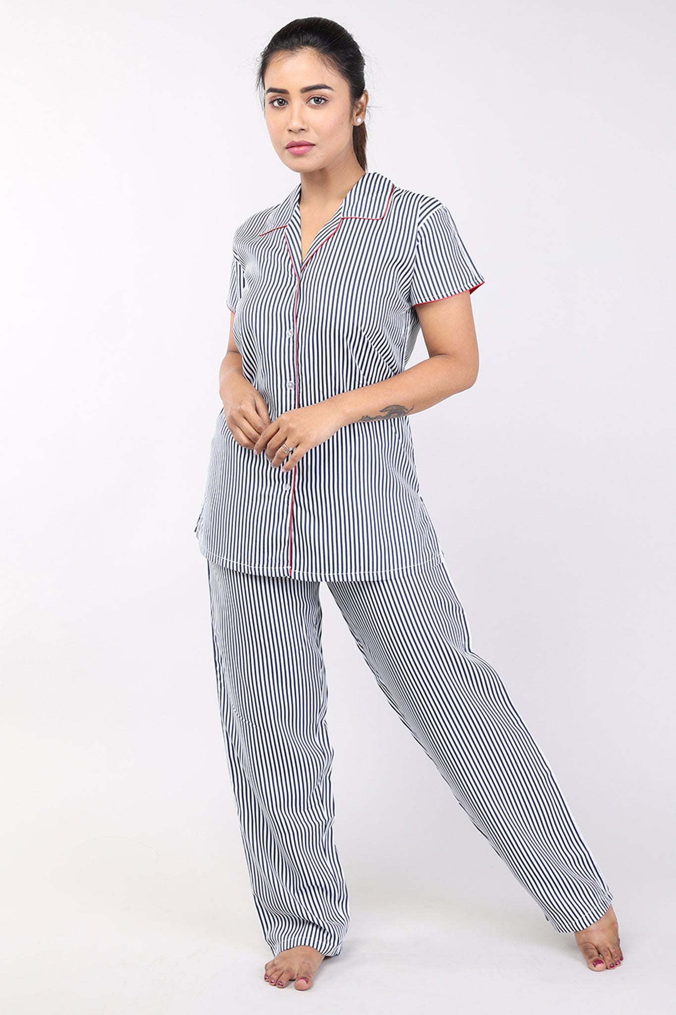 Woman Navy Blue Stripe Cotton Rayon Nightsuit