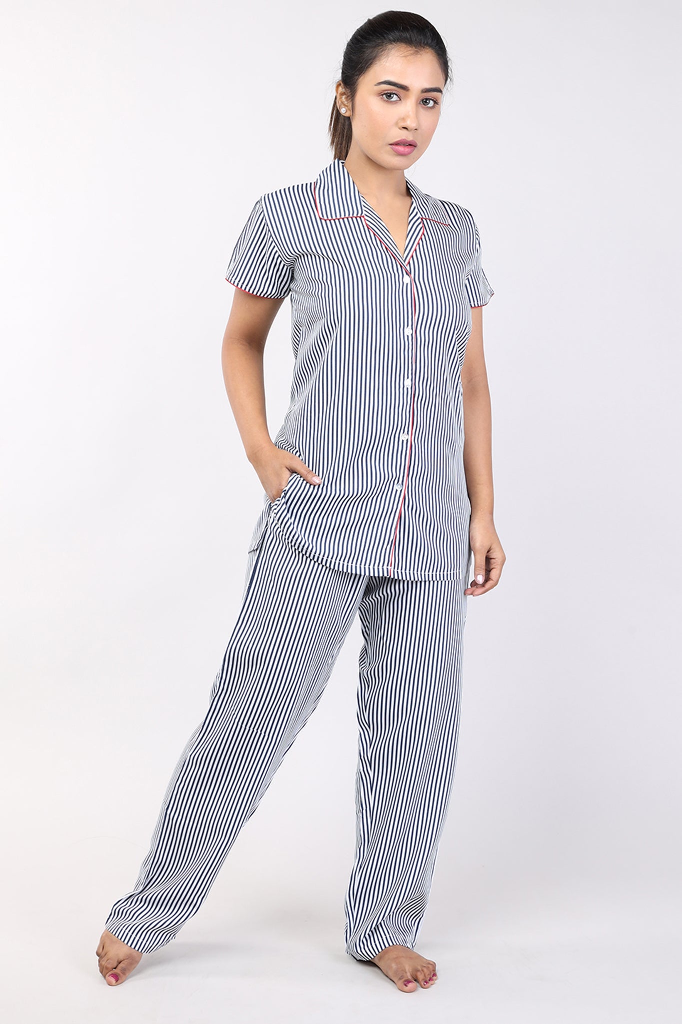 Woman Navy Blue Stripe Cotton Rayon Nightsuit