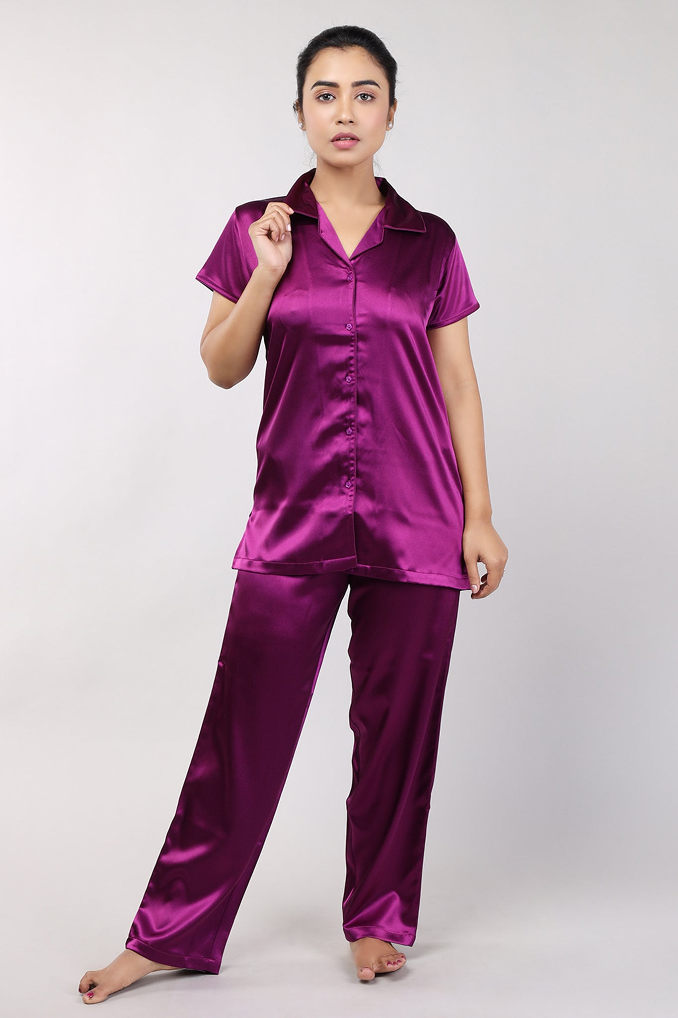 Women Purple Plain Satin Night Suit