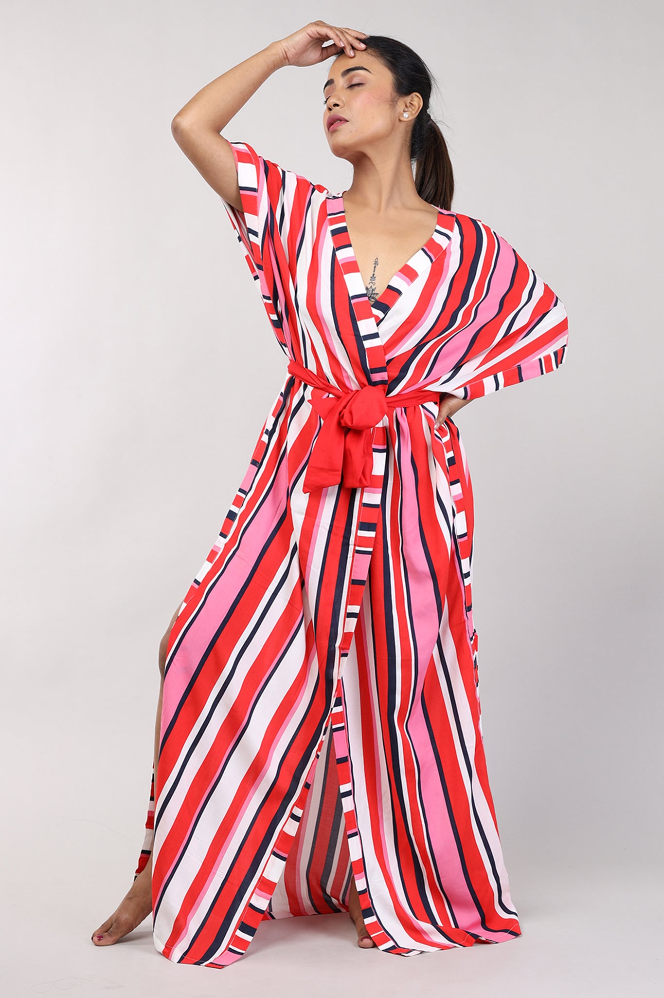 Women Multi-Colour Stripe Rayon House Coat