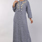 Women Navy Blue Stripes Hand Embroidery Knitted Winter Nighty