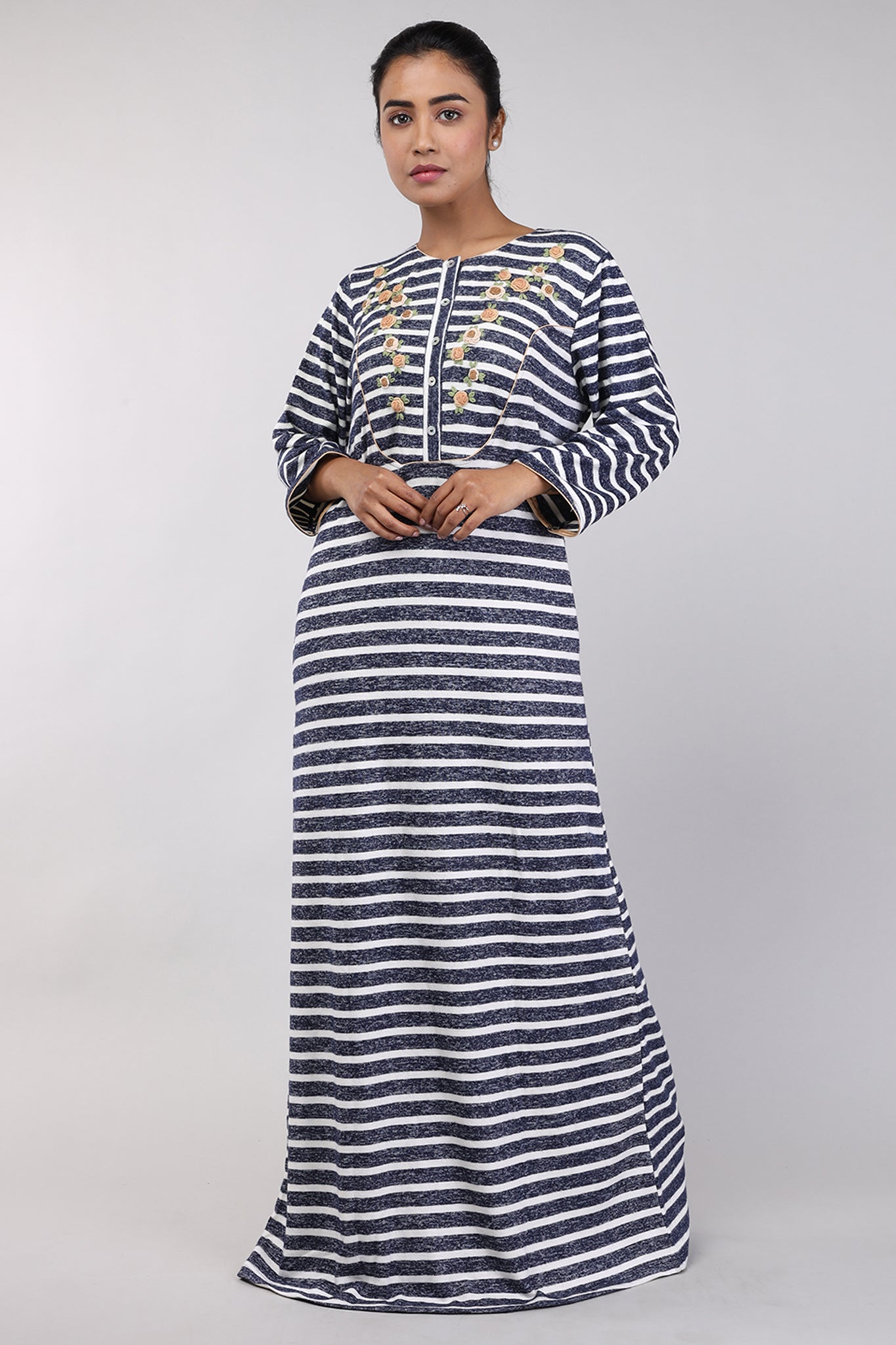 Women Navy Blue Stripes Hand Embroidery Knitted Winter Nighty