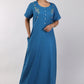 Women Teal Blue Machine Embroidery Spun Cotton Nighty