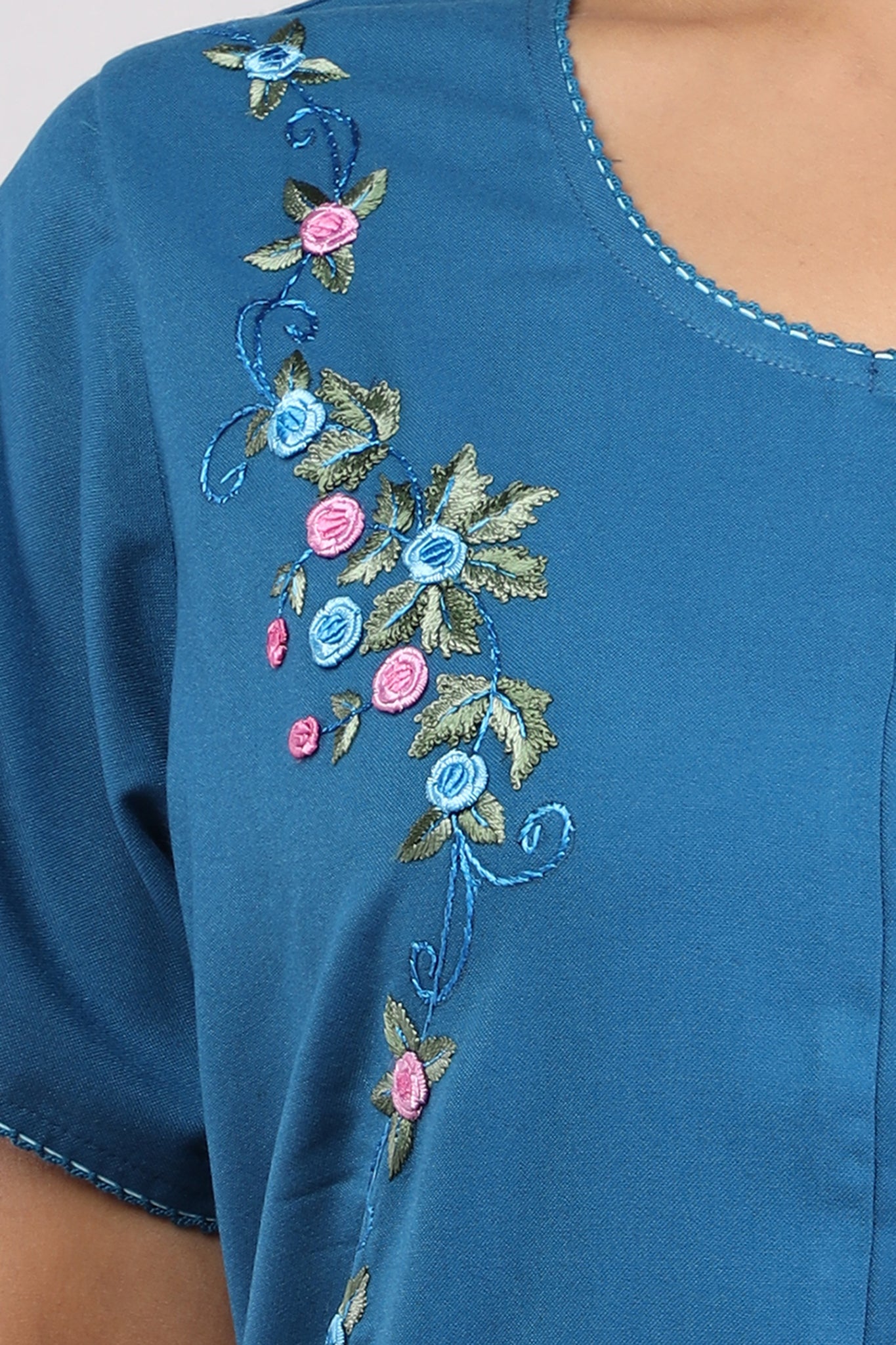 Women Teal Blue Machine Embroidery Spun Cotton Nighty